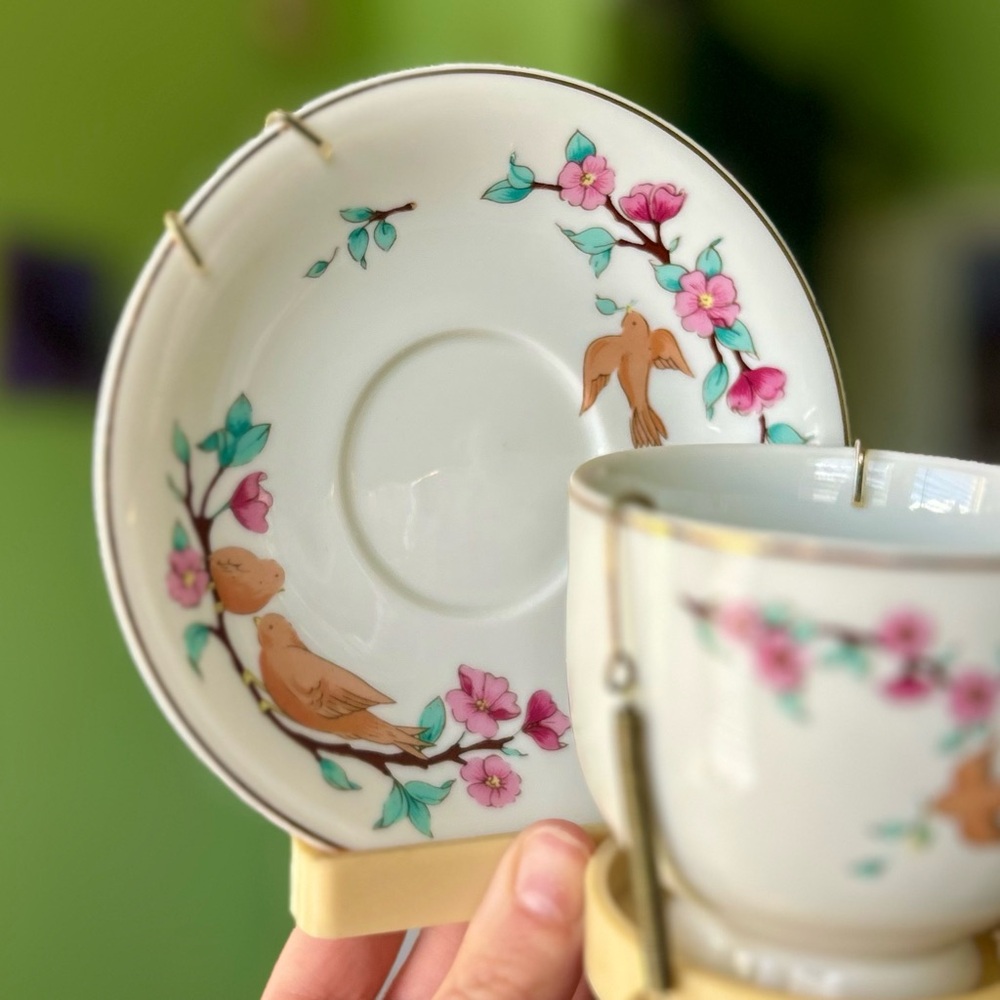 VTG Teleflora Standing Displayed Cottagecore Dainty Bird Plate & Mug Set Art - Picture 3 of 11